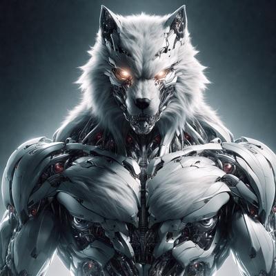 The primary subject of the image is a futuristic robot with a wolf-like head. The robot is made of metal and has a silver color. The setting is a dark background, which contrasts with the robot's metallic appearance. The visual style is a combination of digital art and illustration, creating a unique and intriguing image. The dominant colors are silver and black, giving the robot a sleek and modern look. The overall atmosphere of the image is mysterious and captivating.